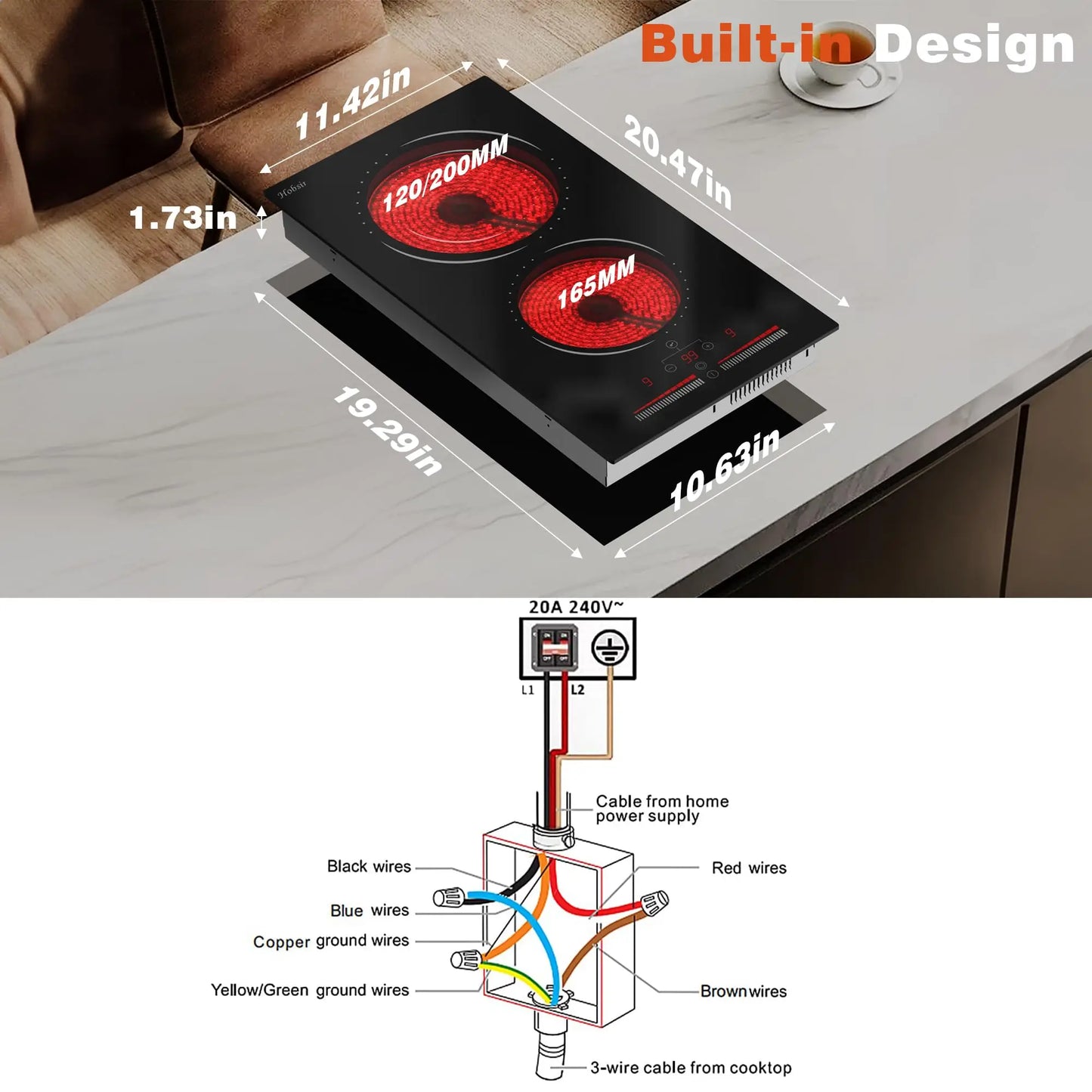 Hobsir hob Built-in 12 inch 2 Burners Electric Cooktop, with Sliding Control,Timer,Safety Lock, Power Levels 3200W,220V-240V