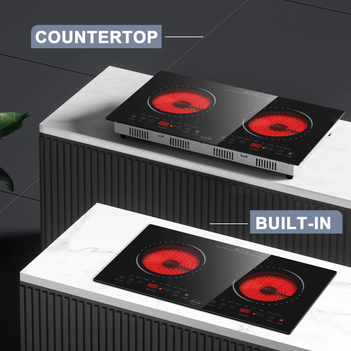 Hobsir hob 2 Burner 24 Inch Countertop and Built-in Electric Stove Top with Plug 110v,LED Touch Screen,Safety Lock,2000W,Timer