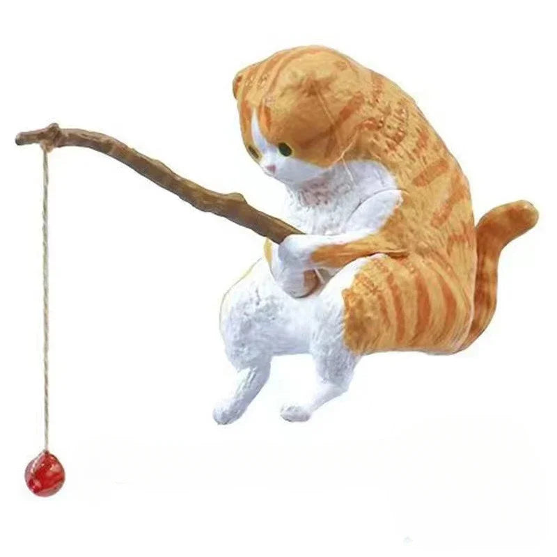 Lovely Fishing Cat Fishbowl Fishing Figure Fisherman Figurine Cat Fishing Rod Seals Figures Cat Decoration Interior Accessories