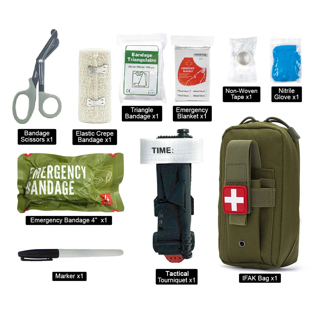 10pcs IFAK Tactical Molle Pouch Survival First Aid Kit for Emergency Rescue Outdoor Camping Hiking Sports Portable