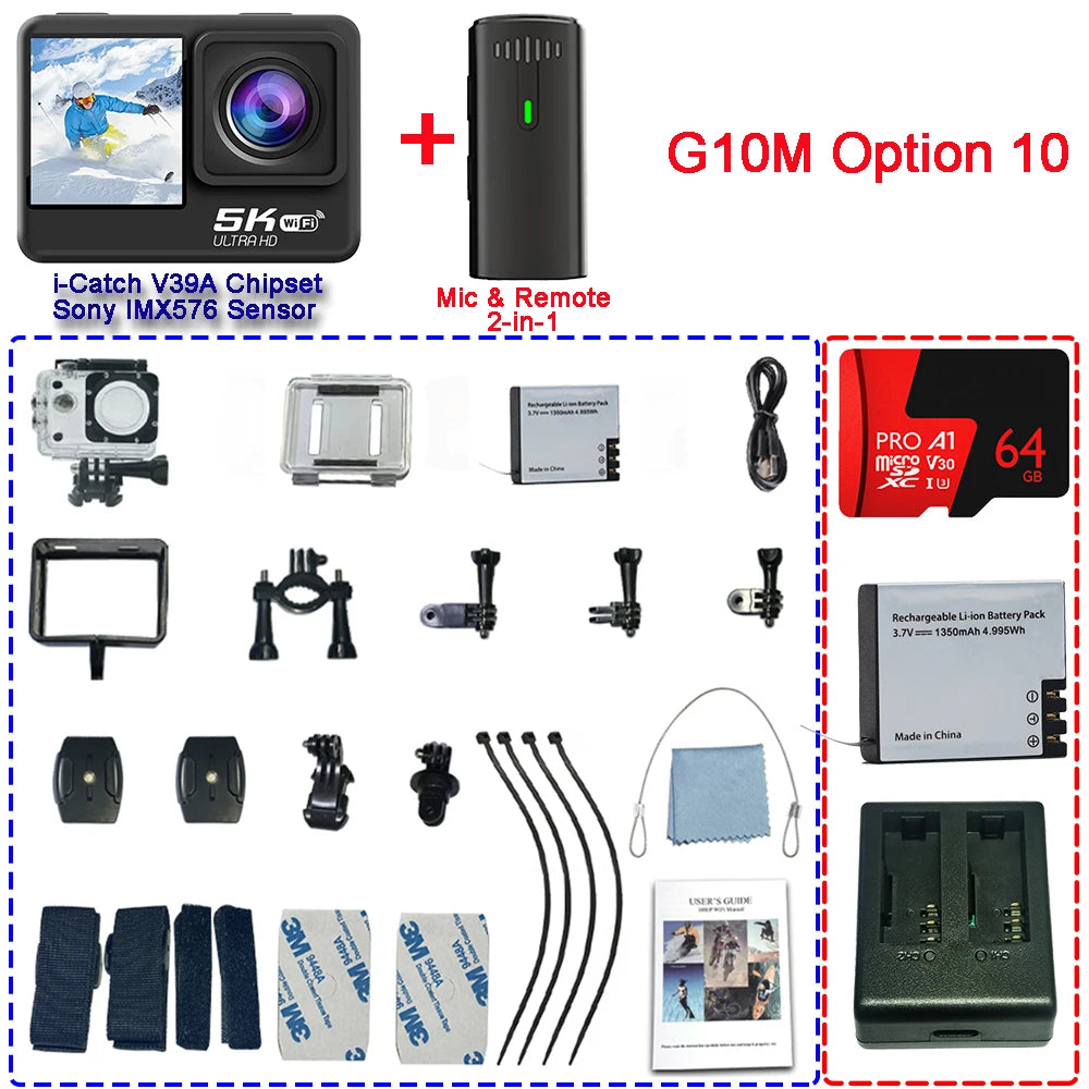 Action Camera 5K 4K60FPS EIS 48MP Wi-Fi Dual Screen 170D 8X Zoom Pre Record 30M Waterproof Sport Camera With Sony IMX576 Lens