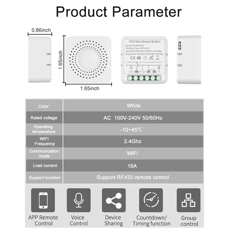 RF433 + WiFi Smart Switch 2in1 Function Tuya 16A Mini Light Switch Relay Smart Life APP Wireless Control Voice for Alexa Google