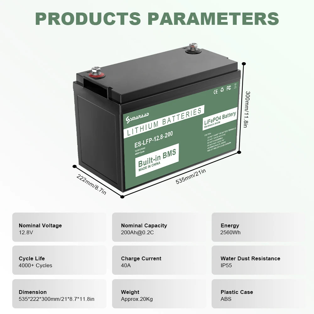 LiFePO4 Battery 100 200AH Lithium Battery, Built-in 200A BMS, 4000+ Cycles for RV, Off-Grid, Solar Power System, Marine Ect