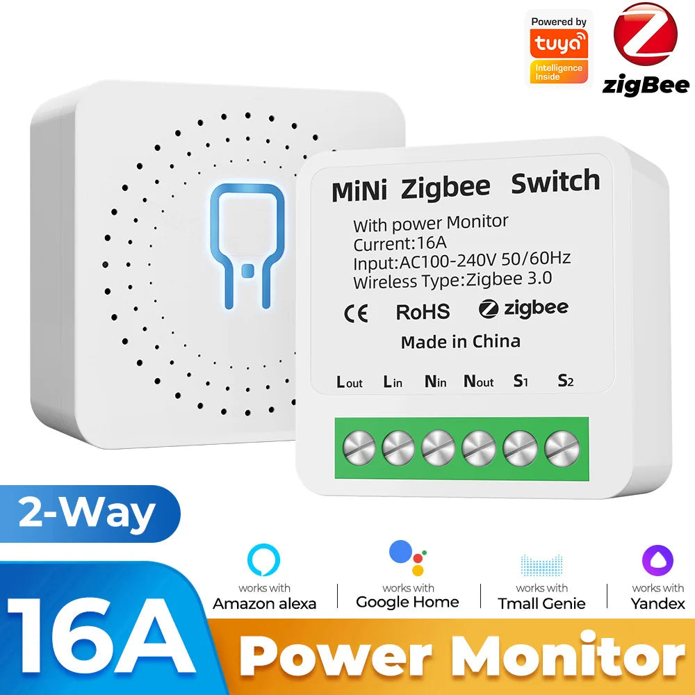 Tuya Smart Home ZigBee WiFi Smart Switch with Power Monitor 16A Mini Breaker Voice Control for Homekit Siri Alexa Google Alice