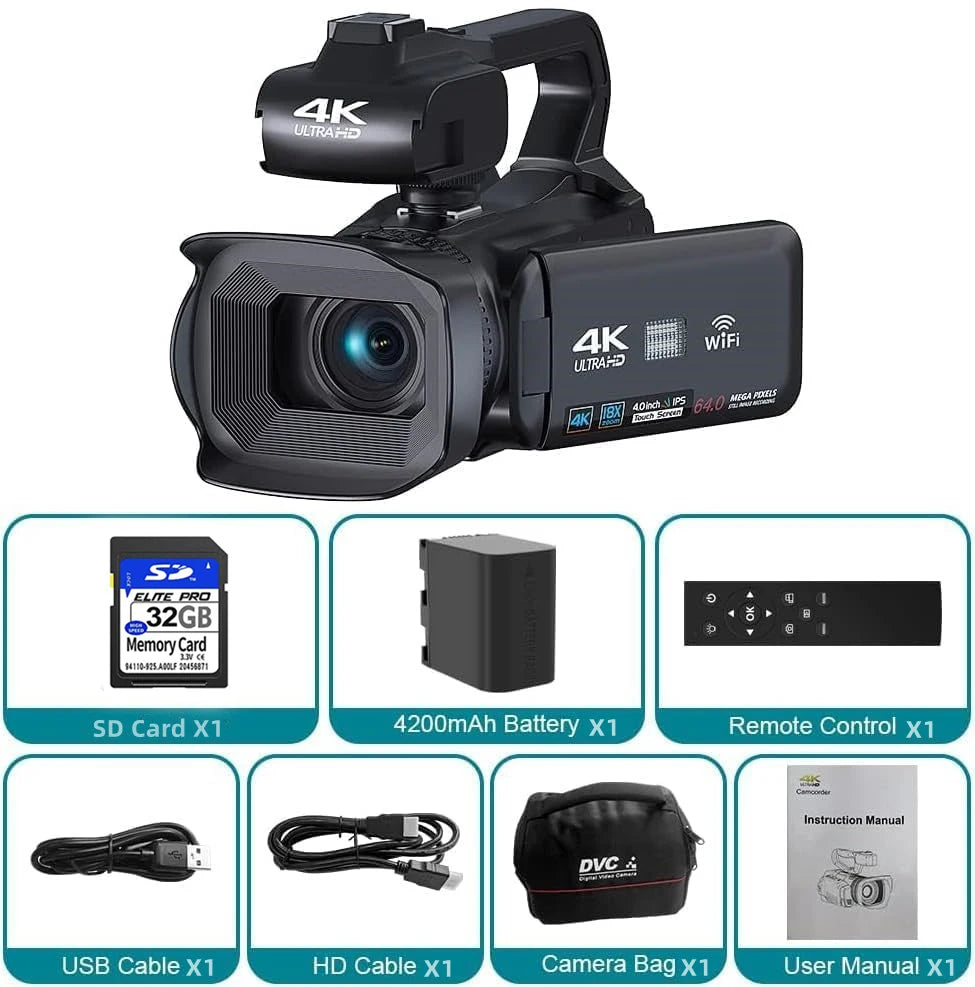 4K Video Camera 64MP Camcorder For Youtube Live Stream Rotate 4.0" Touch Screen Digital Vlog Recorder 18X WIFI Auto Focus Webcam