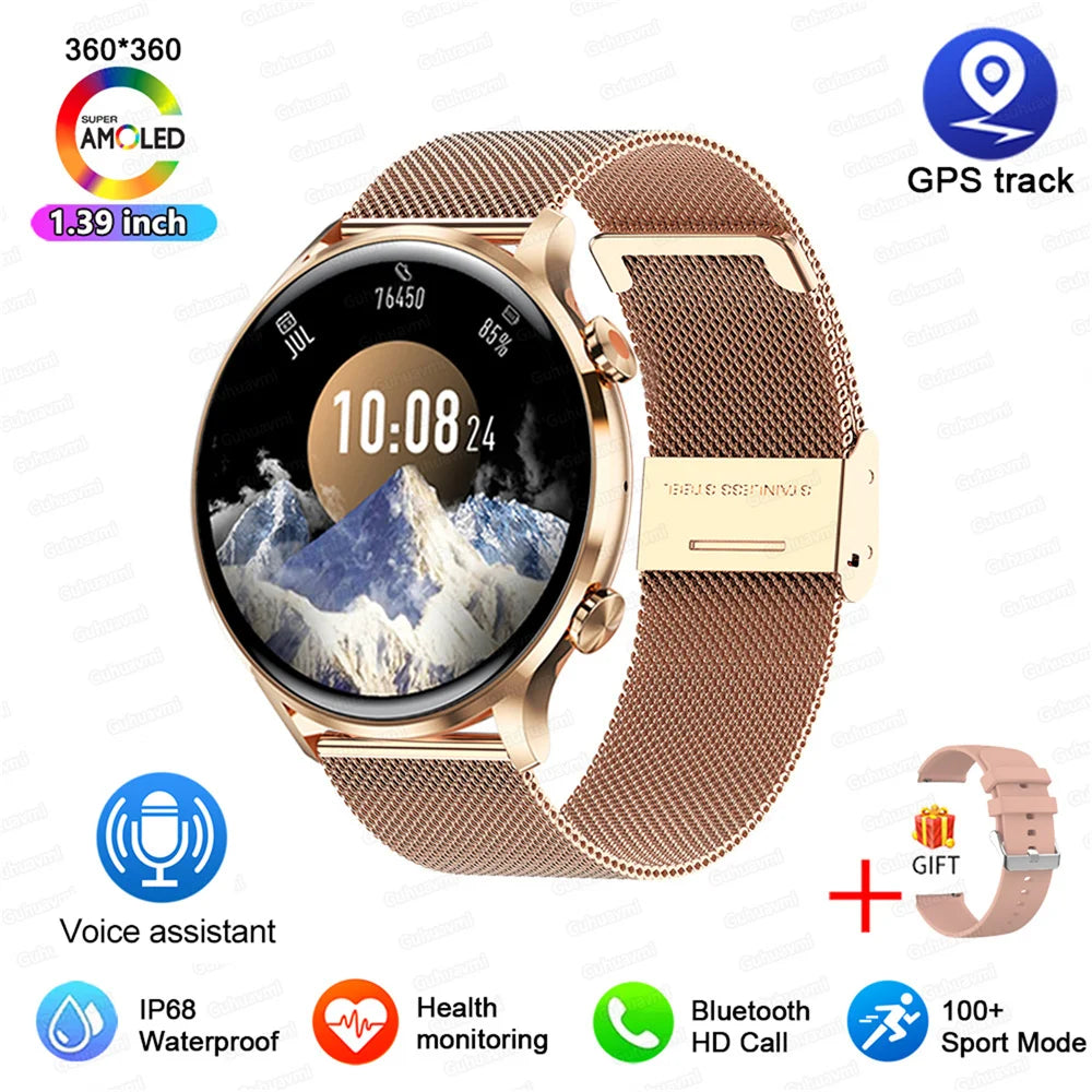 2024 New Smartwatch Women AMOLED HD Screen Always On Display Bluetooth Call IP68 Waterproof GPS Smart Men Watch For Android ios