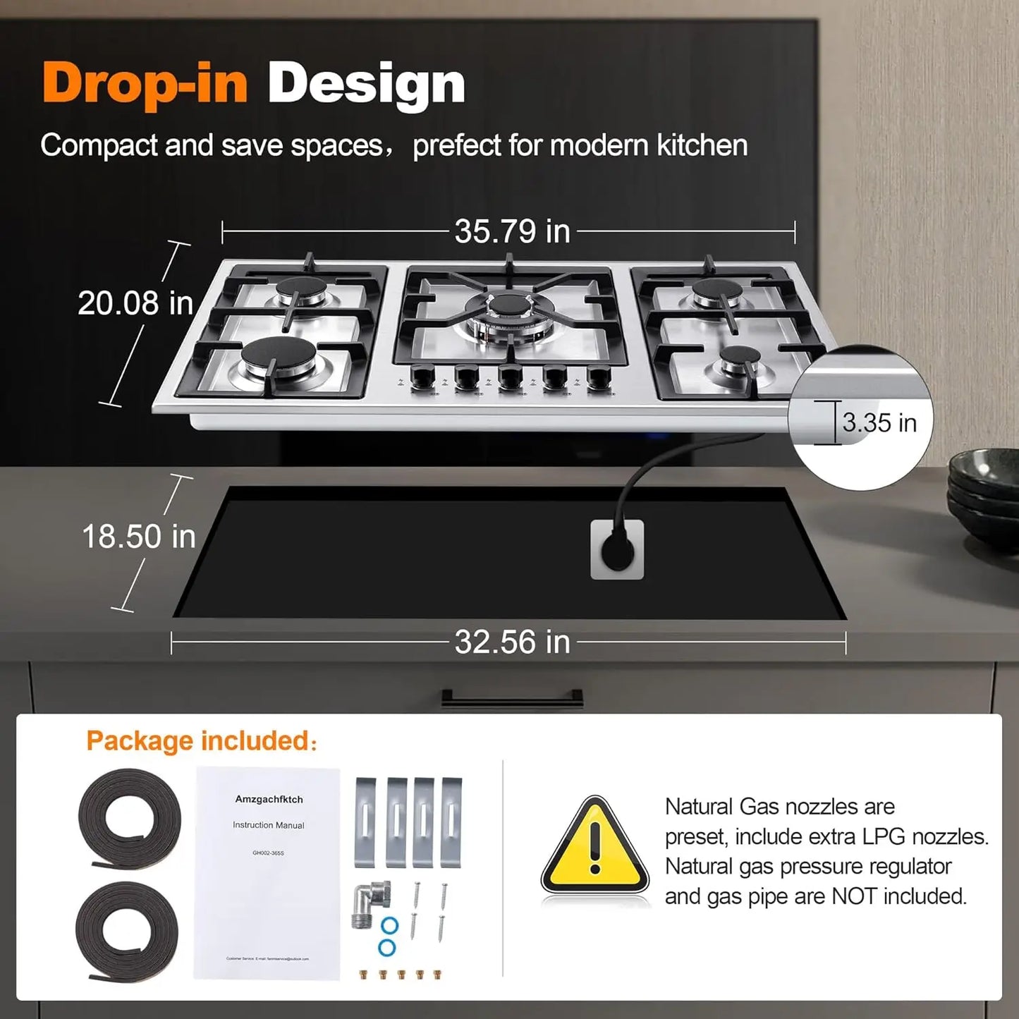 36 Inch Gas Cooktop 5 Burner Gas Stove Top Total 34,588 BTU Built-in Stainless Steel 36Inch Gas Hob with Thermocouple Protection