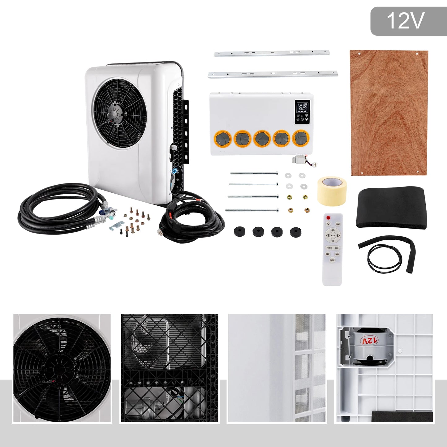 12V 960W Outside and Inside Truck Cab Air Conditioner Split White Air Conditioner Kit and Remote Control for Cab Within 6㎡