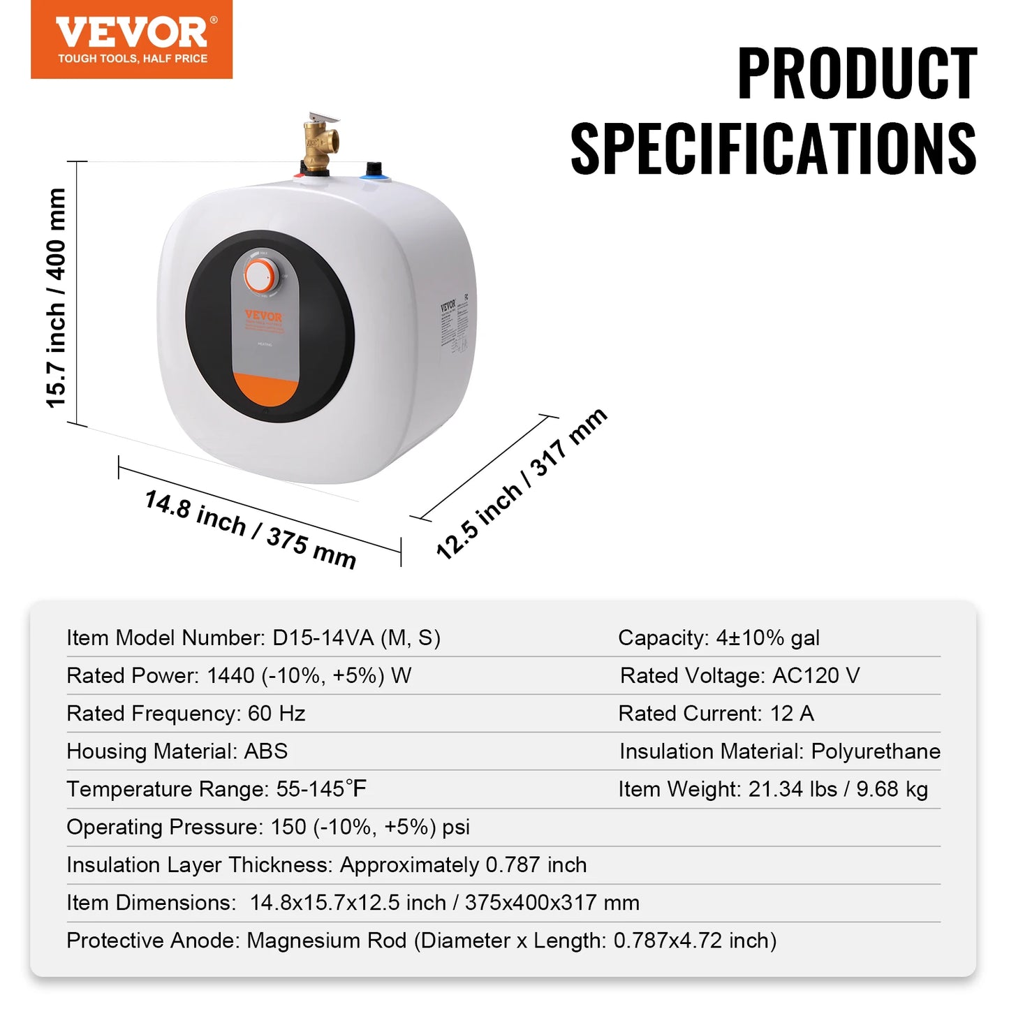 VEVOR Electric Mini-Tank Water Heater, 2.5/4/8-Gal Tank Hot Water Storage, Safety Temperature Pressure Valve,for Kichen Bathroom