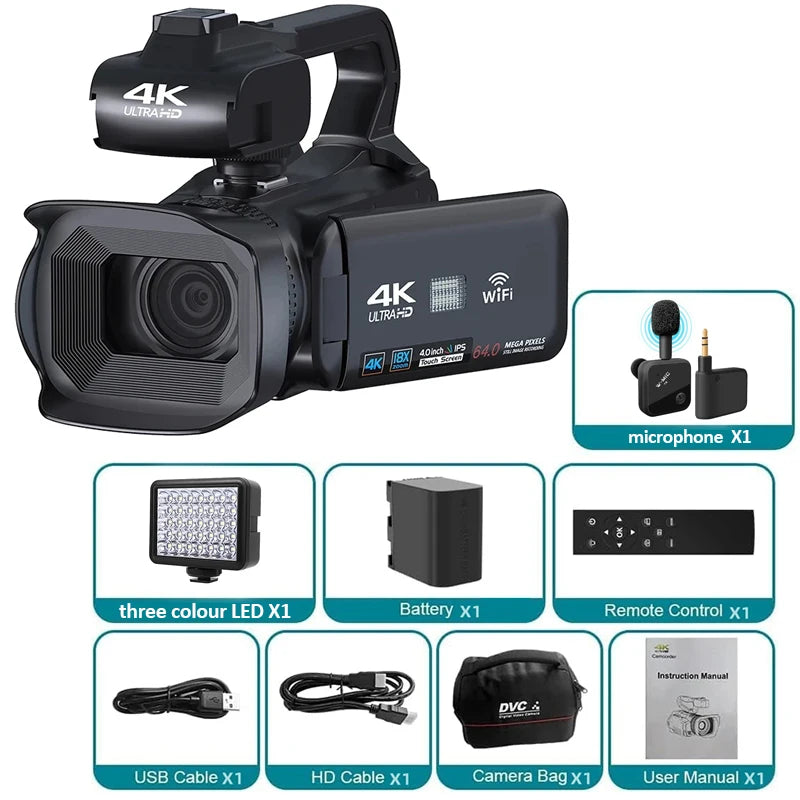 4K 60FPS Camcorder Professional Digital Video Camera 4K HD YouTube Streaming Camera 64MP 18X Zoom 4" Touch Screen Vlog Recorder