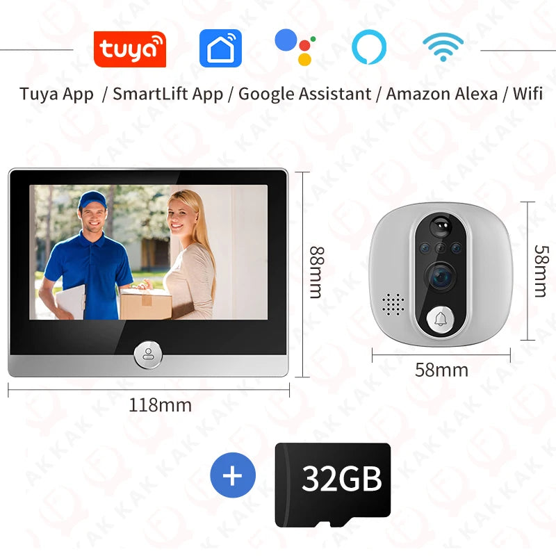 KAK Wifi Smart Door Bell Camera 4.3" Video Door Peephole Door Viewer 170 Degree Motion Detection Tuya APP Alexa Google Assistant