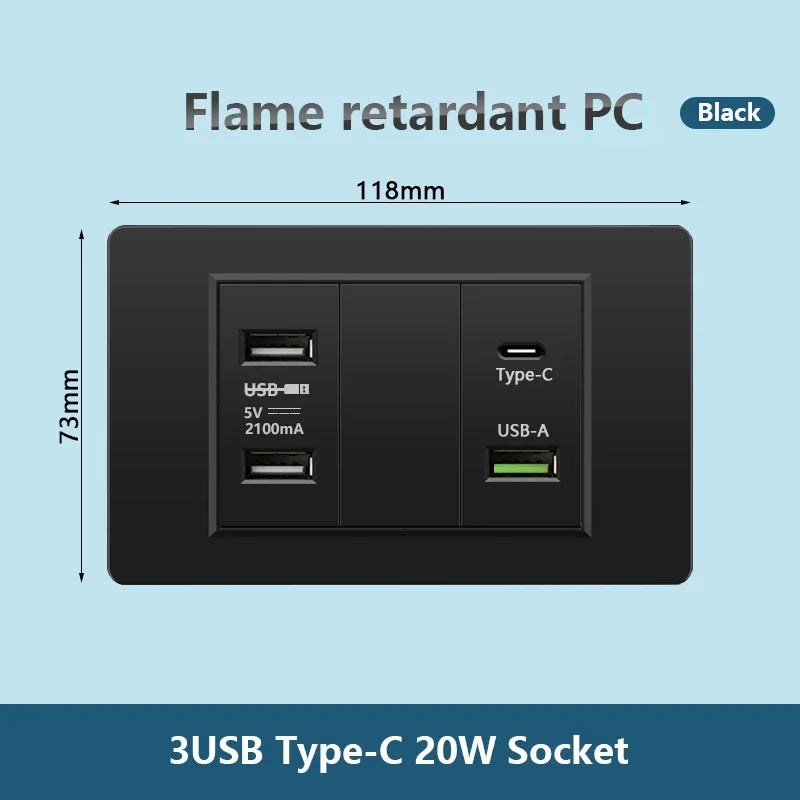 Korea Chile standard 20W Super Fast smart Charge Type C USB Port Power Wall Socket Plug,118*73mm Quick Charge electrical Outlet