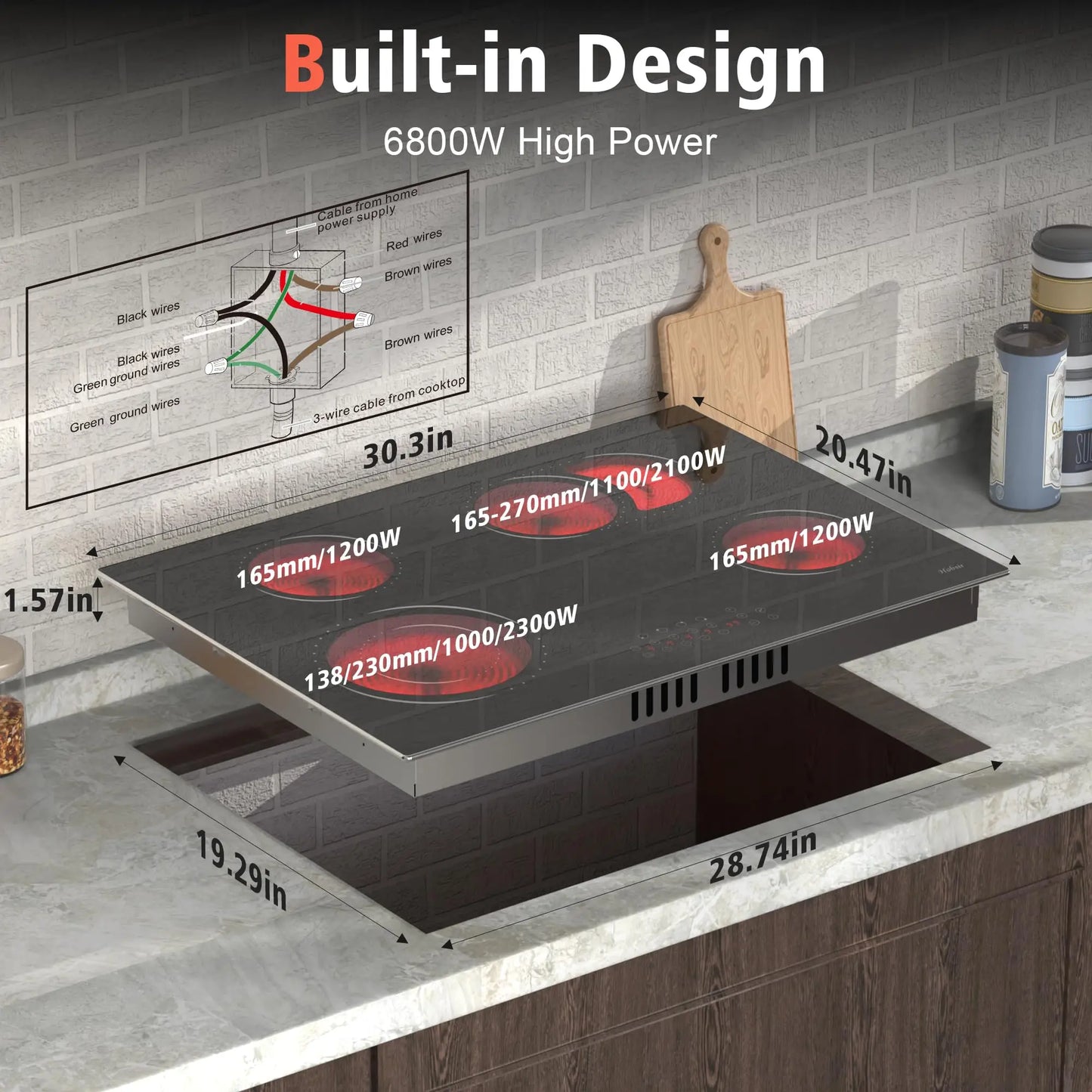 Hobsir hob 30 Inch 4 Burner Built-in Electric Cooktop，6800W，with Dual Oval Zone，Glass Protection Metal Frame，220V-240V Hard Wire