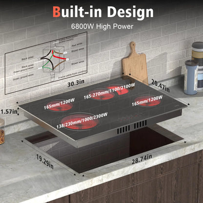 Hobsir hob 30 Inch 4 Burner Built-in Electric Cooktop，6800W，with Dual Oval Zone，Glass Protection Metal Frame，220V-240V Hard Wire