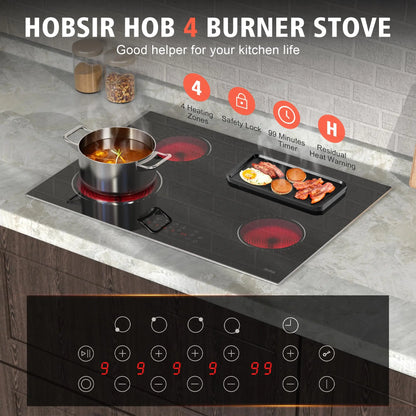 Hobsir hob 30 Inch 4 Burner Built-in Electric Cooktop，6800W，with Dual Oval Zone，Glass Protection Metal Frame，220V-240V Hard Wire