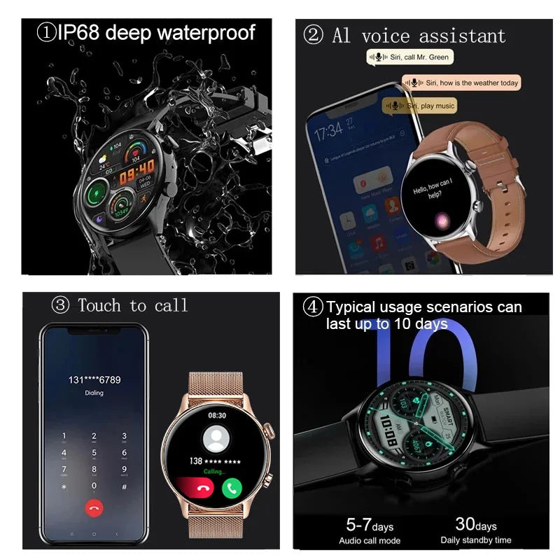 2024 New Smartwatch Women AMOLED HD Screen Always On Display Bluetooth Call IP68 Waterproof GPS Smart Men Watch For Android ios