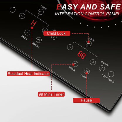 12 Inch 2 Burner Built-in Radiant Electric Stove，110v-120v Plug In，2000W，with Safety Lock, Timer, Over-Temperature Protection