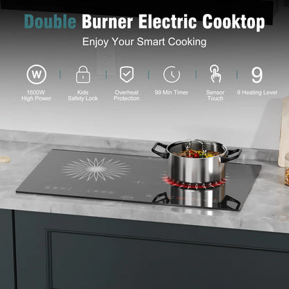 Hobsir Hob 2 Burner Built-in Electric Cooktop 24 Inch，110V-120V，Timer，Safety Lock for Apartment，with Plug