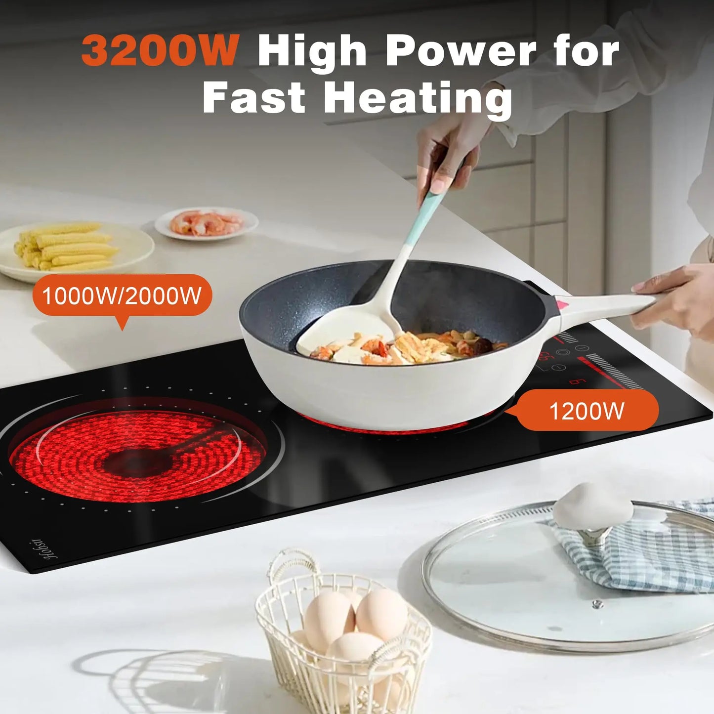 Hobsir hob Built-in 12 inch 2 Burners Electric Cooktop,  with Sliding Control，Timer，Safety Lock， Power Levels 3200W，220V-240V