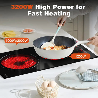 Hobsir hob Built-in 12 inch 2 Burners Electric Cooktop,  with Sliding Control，Timer，Safety Lock， Power Levels 3200W，220V-240V