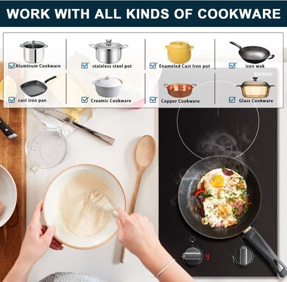 Karinear 110v Electric Cooktop 2 Burners, 12'' Electric Stove Top with Plug in, Knob Control Countertop & Built-in Ceramic Cookt