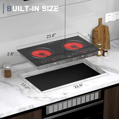 Hobsir hob 2 Burner 24 Inch Countertop and Built-in Electric Stove Top with Plug 110v，LED Touch Screen，Safety Lock，2000W，Timer