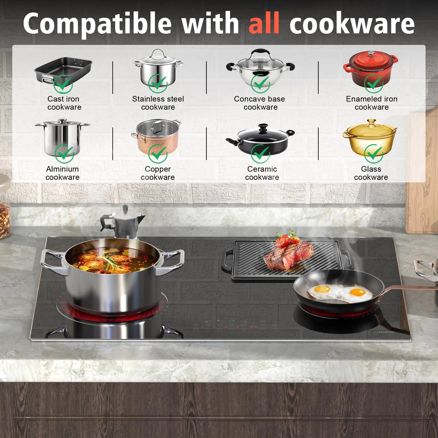 Hobsir hob 30 Inch 4 Burner Built-in Electric Cooktop，6800W，with Dual Oval Zone，Glass Protection Metal Frame，220V-240V Hard Wire