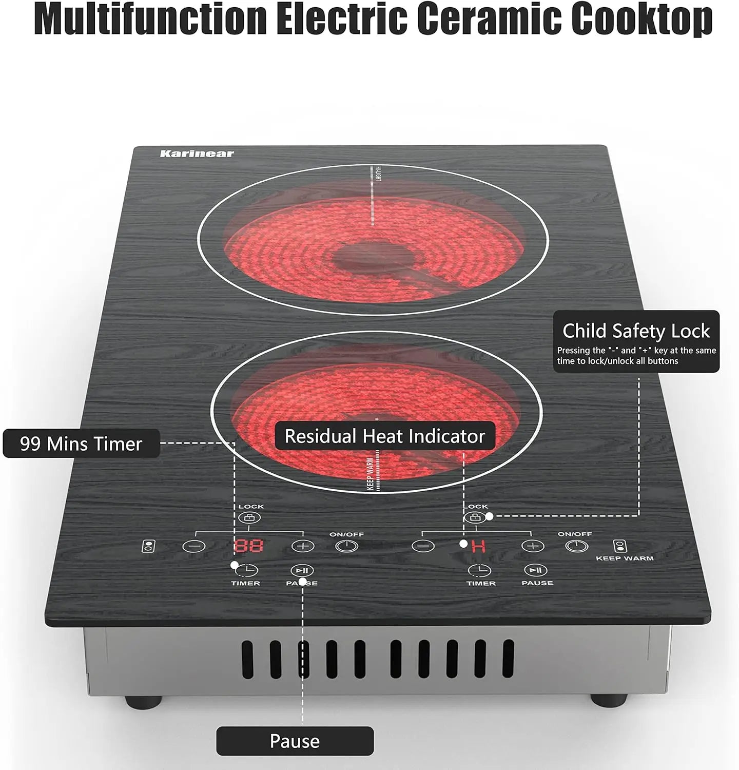 Karinear Portable Electric Cooktop 2 Burners, 110v Plug in Electric Stove Top, Countertop Use or Built-in Install, 12'' Ceramic