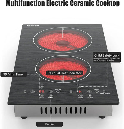 Karinear Portable Electric Cooktop 2 Burners, 110v Plug in Electric Stove Top, Countertop Use or Built-in Install, 12'' Ceramic