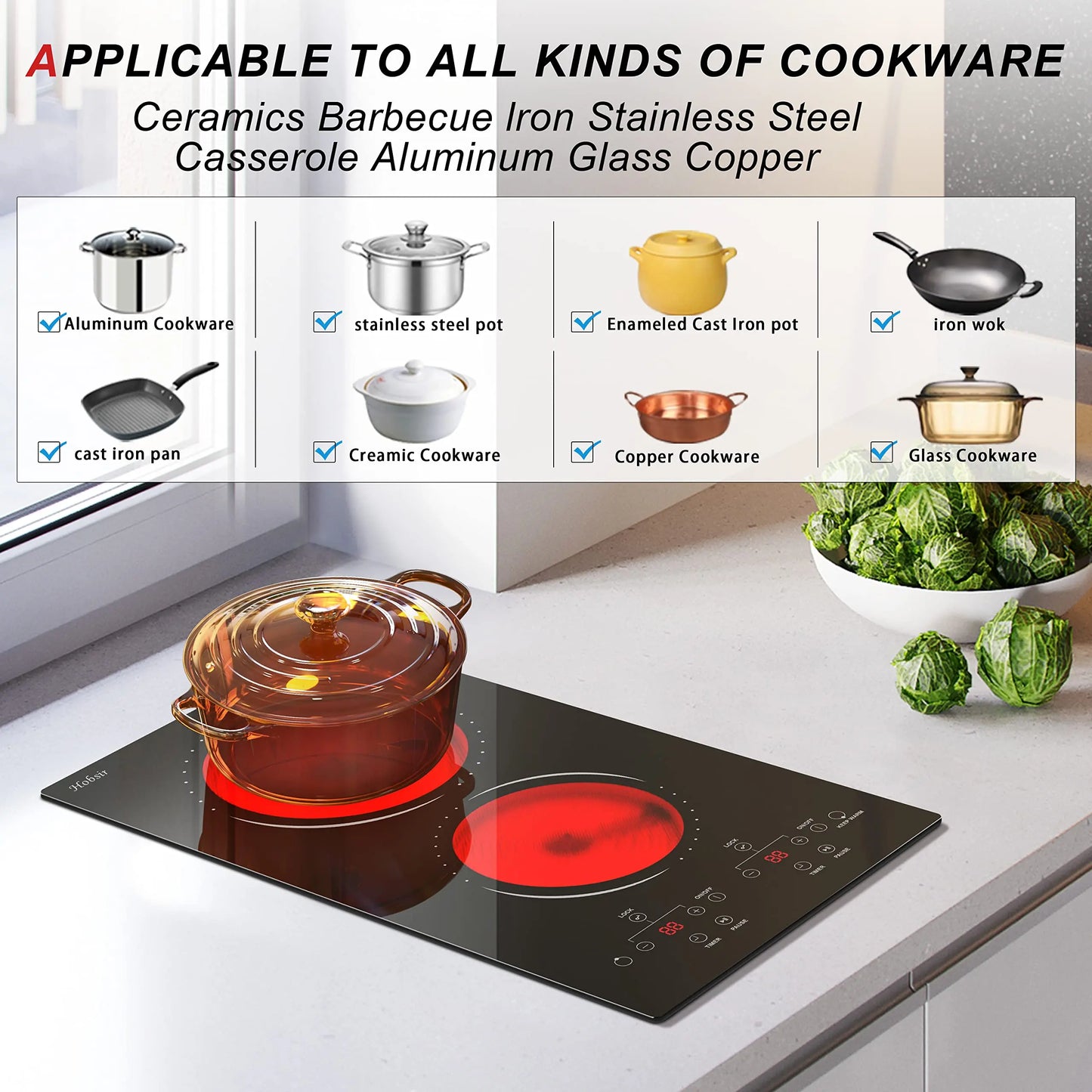 12 Inch 2 Burner Built-in Radiant Electric Stove，110v-120v Plug In，2000W，with Safety Lock, Timer, Over-Temperature Protection