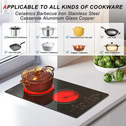 12 Inch 2 Burner Built-in Radiant Electric Stove，110v-120v Plug In，2000W，with Safety Lock, Timer, Over-Temperature Protection