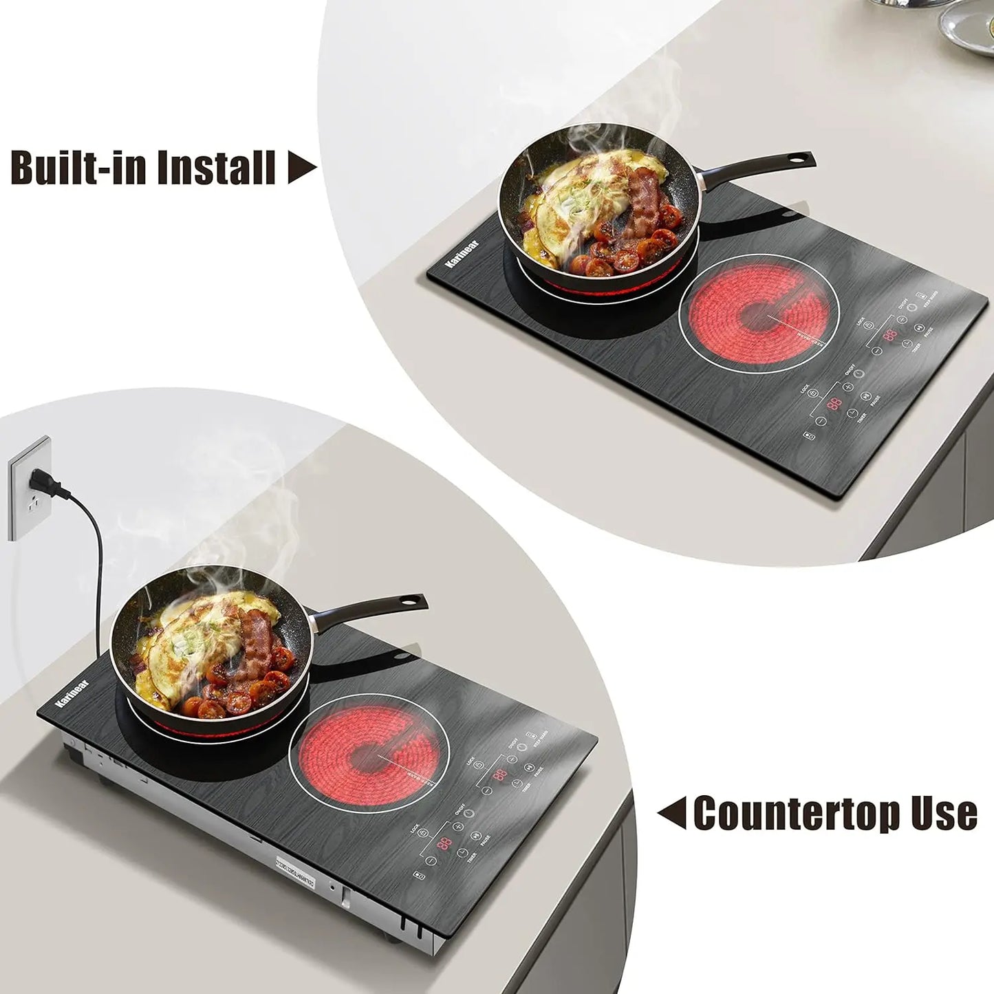 Karinear Portable Electric Cooktop 2 Burners, 110v Plug in Electric Stove Top, Countertop Use or Built-in Install, 12'' Ceramic