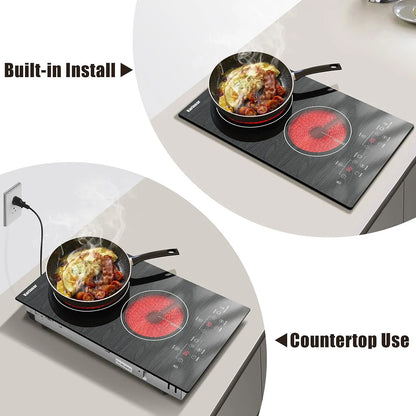 Karinear Portable Electric Cooktop 2 Burners, 110v Plug in Electric Stove Top, Countertop Use or Built-in Install, 12'' Ceramic