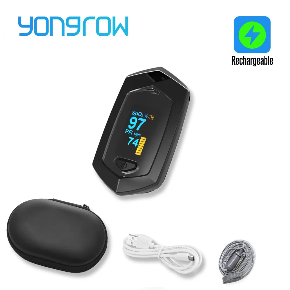 Yongrow Medical Rechargeable Digital Fingertip Pulse Oximeter Blood Oxygen Saturation Meter Finger SPO2 PR Monitor Oximetro