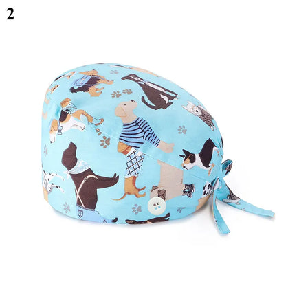 Floral Soft Hat Printing Nurse Sweat-absorbent Head Wrap Towel Surgical Anti-Dirty Pure Cotton Cap With Button Scrub Cap