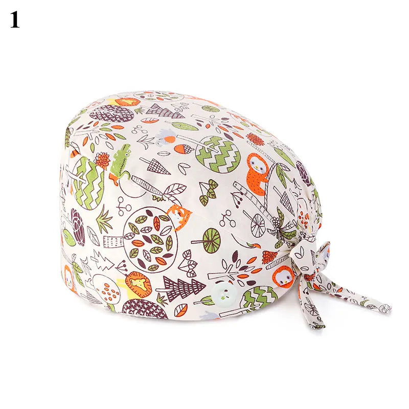 Floral Soft Hat Printing Nurse Sweat-absorbent Head Wrap Towel Surgical Anti-Dirty Pure Cotton Cap With Button Scrub Cap