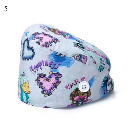 Floral Soft Hat Printing Nurse Sweat-absorbent Head Wrap Towel Surgical Anti-Dirty Pure Cotton Cap With Button Scrub Cap