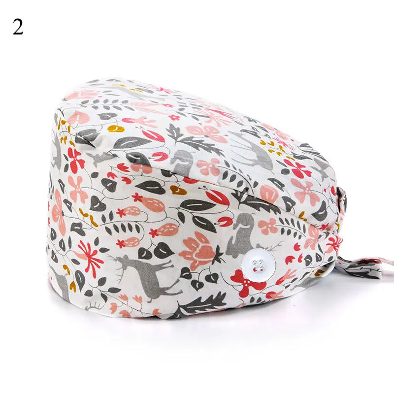 Floral Soft Hat Printing Nurse Sweat-absorbent Head Wrap Towel Surgical Anti-Dirty Pure Cotton Cap With Button Scrub Cap