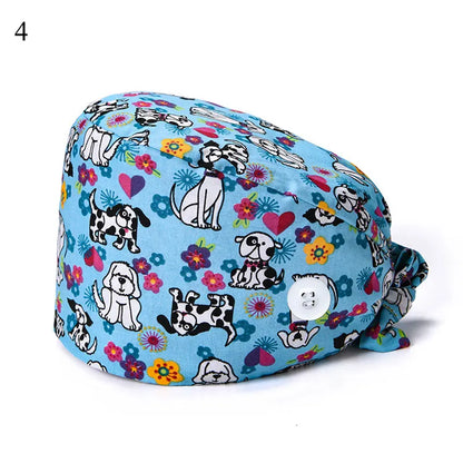 Floral Soft Hat Printing Nurse Sweat-absorbent Head Wrap Towel Surgical Anti-Dirty Pure Cotton Cap With Button Scrub Cap