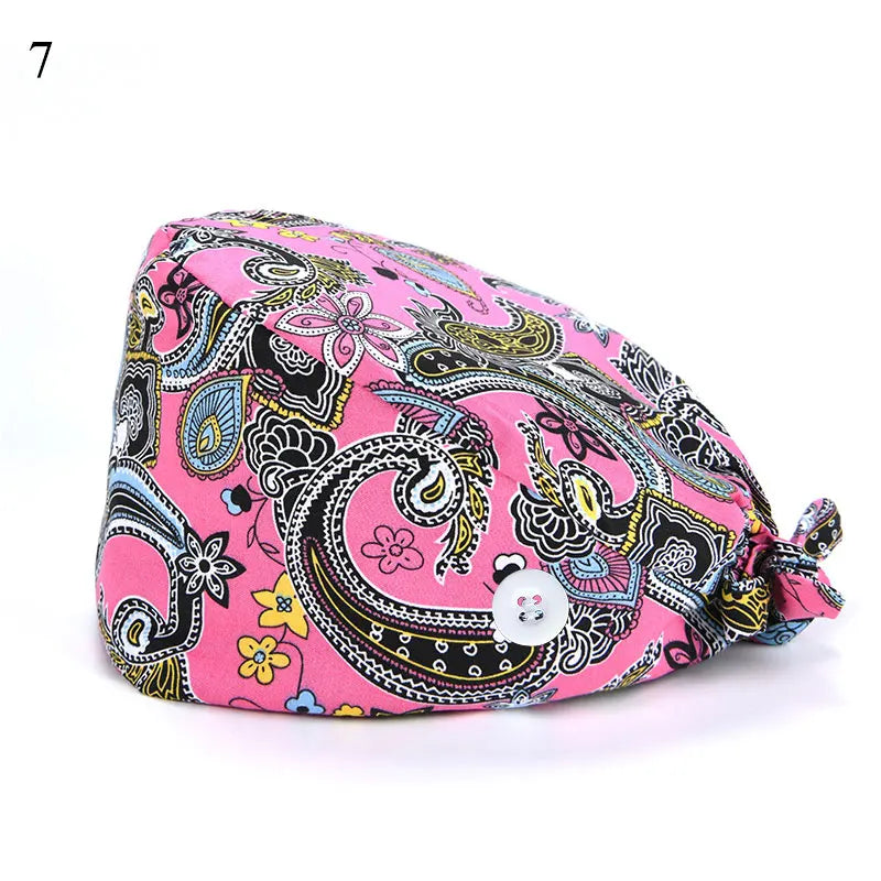 Floral Soft Hat Printing Nurse Sweat-absorbent Head Wrap Towel Surgical Anti-Dirty Pure Cotton Cap With Button Scrub Cap