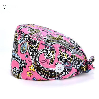Floral Soft Hat Printing Nurse Sweat-absorbent Head Wrap Towel Surgical Anti-Dirty Pure Cotton Cap With Button Scrub Cap