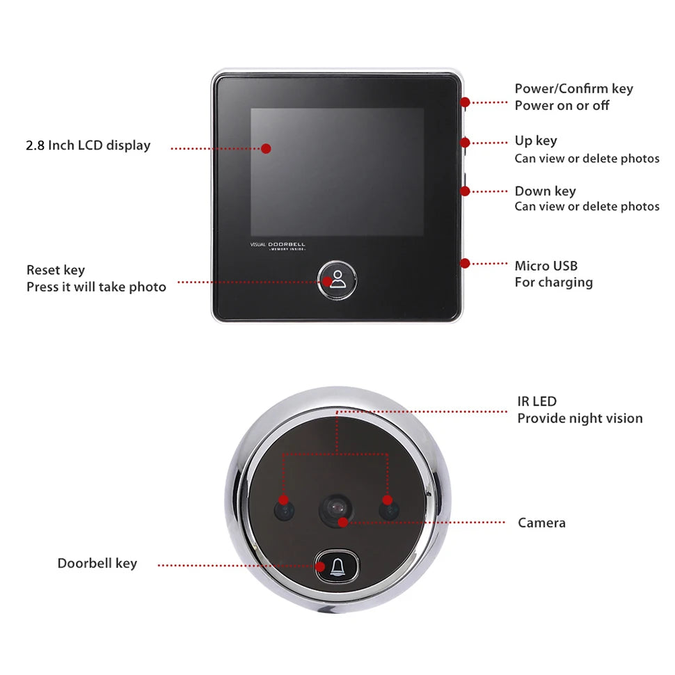 KAK 2.8" LCD Screen Electronic Door Viewer Bell IR Night Door Camera Photo Recording Digital Door Viewer Smart Peephole Doorbell