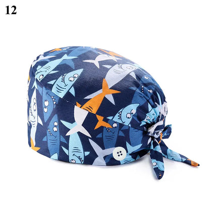 Floral Soft Hat Printing Nurse Sweat-absorbent Head Wrap Towel Surgical Anti-Dirty Pure Cotton Cap With Button Scrub Cap