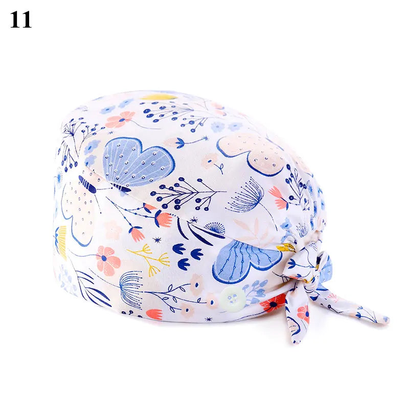 Floral Soft Hat Printing Nurse Sweat-absorbent Head Wrap Towel Surgical Anti-Dirty Pure Cotton Cap With Button Scrub Cap