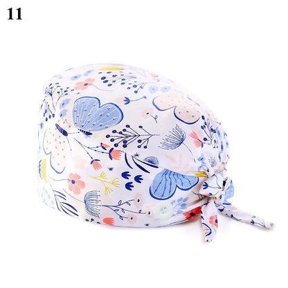 Floral Soft Hat Printing Nurse Sweat-absorbent Head Wrap Towel Surgical Anti-Dirty Pure Cotton Cap With Button Scrub Cap