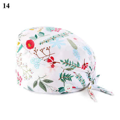 Floral Soft Hat Printing Nurse Sweat-absorbent Head Wrap Towel Surgical Anti-Dirty Pure Cotton Cap With Button Scrub Cap