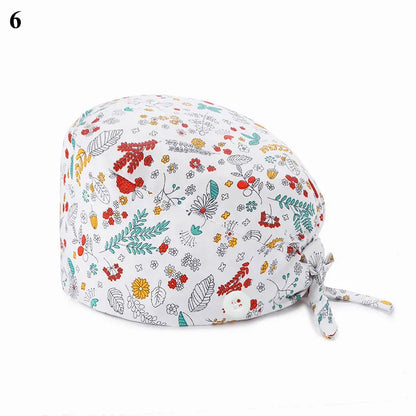Floral Soft Hat Printing Nurse Sweat-absorbent Head Wrap Towel Surgical Anti-Dirty Pure Cotton Cap With Button Scrub Cap