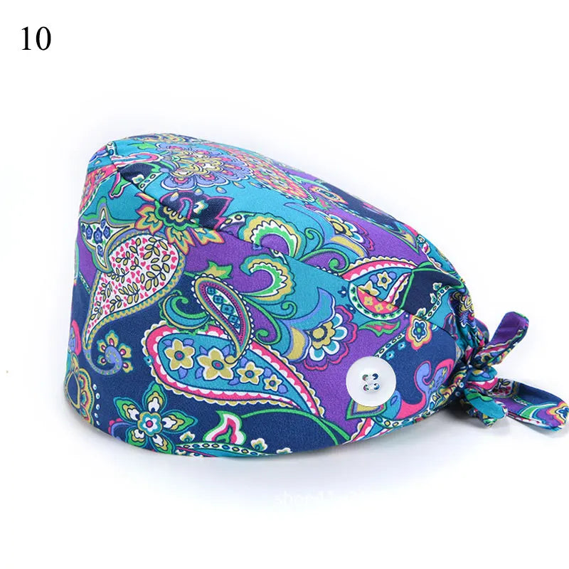 Floral Soft Hat Printing Nurse Sweat-absorbent Head Wrap Towel Surgical Anti-Dirty Pure Cotton Cap With Button Scrub Cap