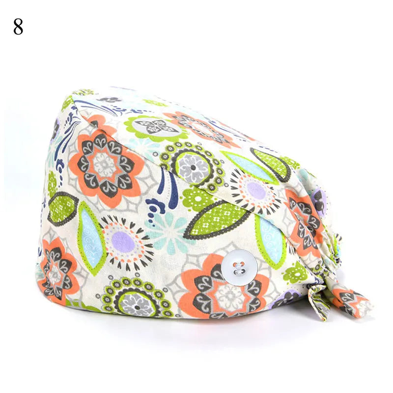 Floral Soft Hat Printing Nurse Sweat-absorbent Head Wrap Towel Surgical Anti-Dirty Pure Cotton Cap With Button Scrub Cap
