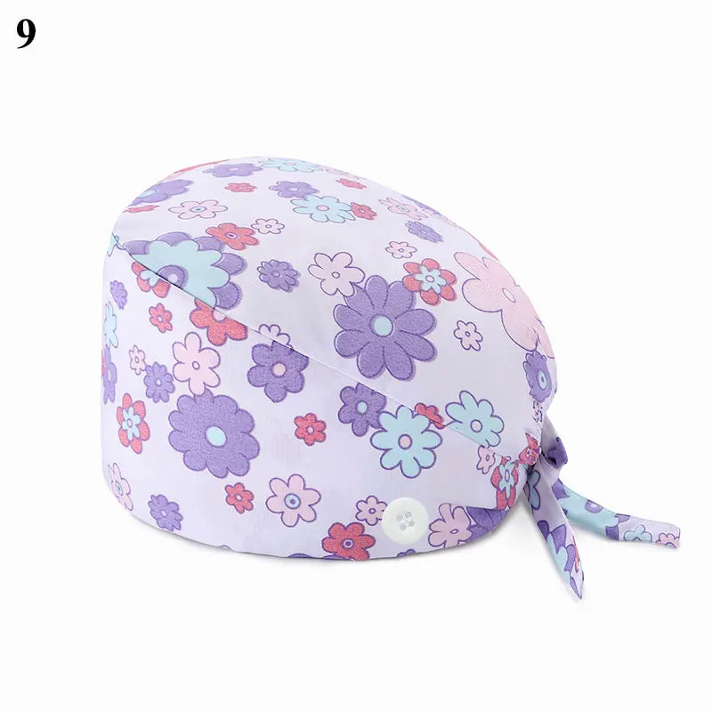 Floral Soft Hat Printing Nurse Sweat-absorbent Head Wrap Towel Surgical Anti-Dirty Pure Cotton Cap With Button Scrub Cap